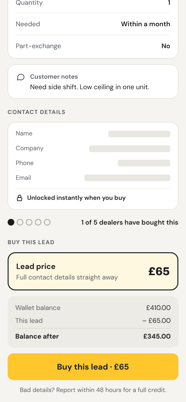 Dealer app: preview a lead and buy it