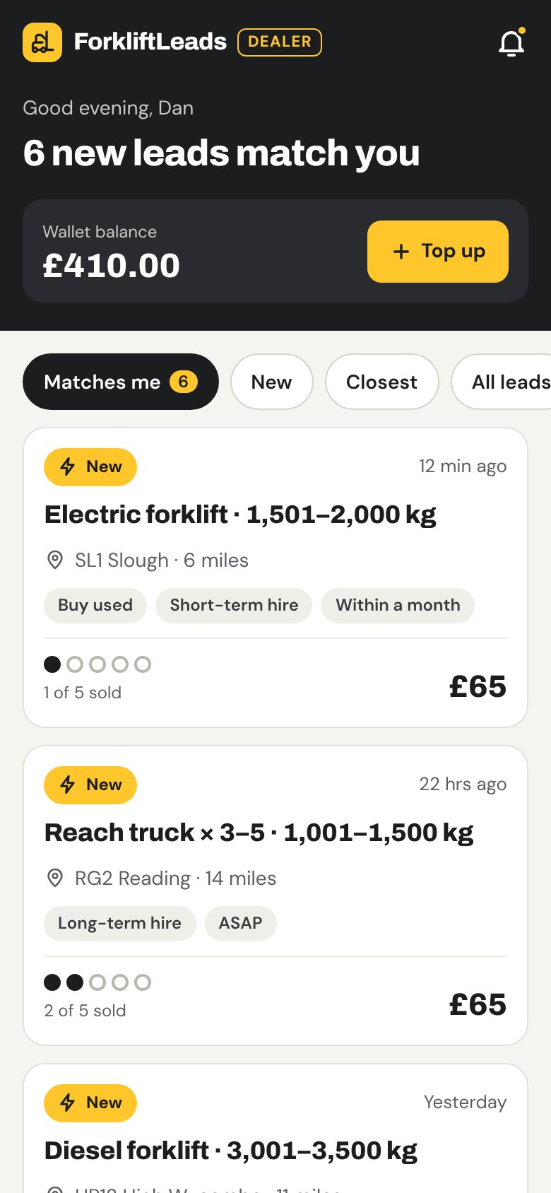 Dealer app: list of leads matching your stock and area