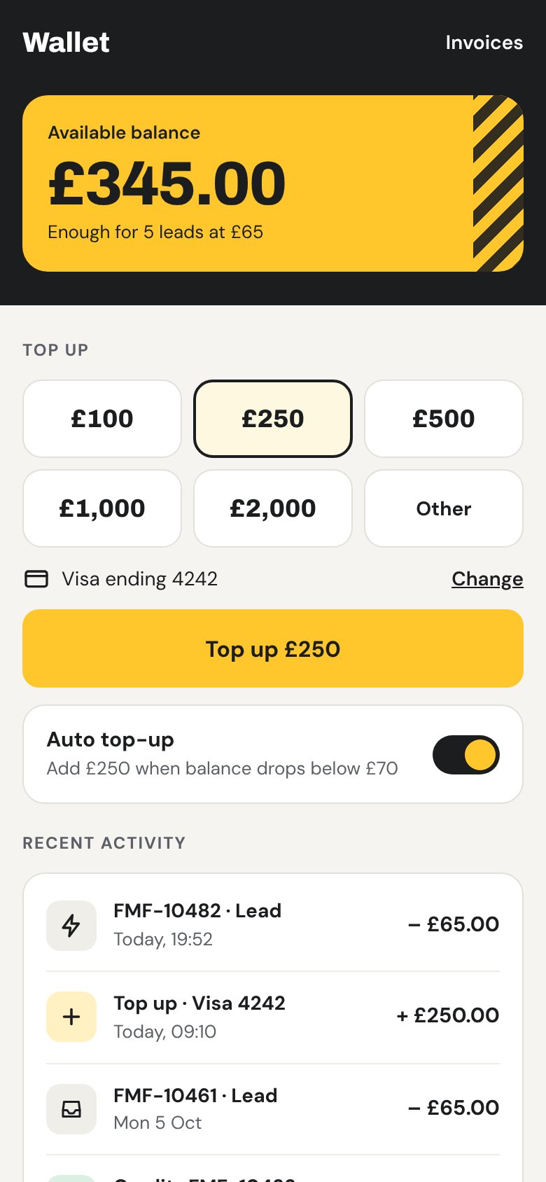Wallet and top-up screen